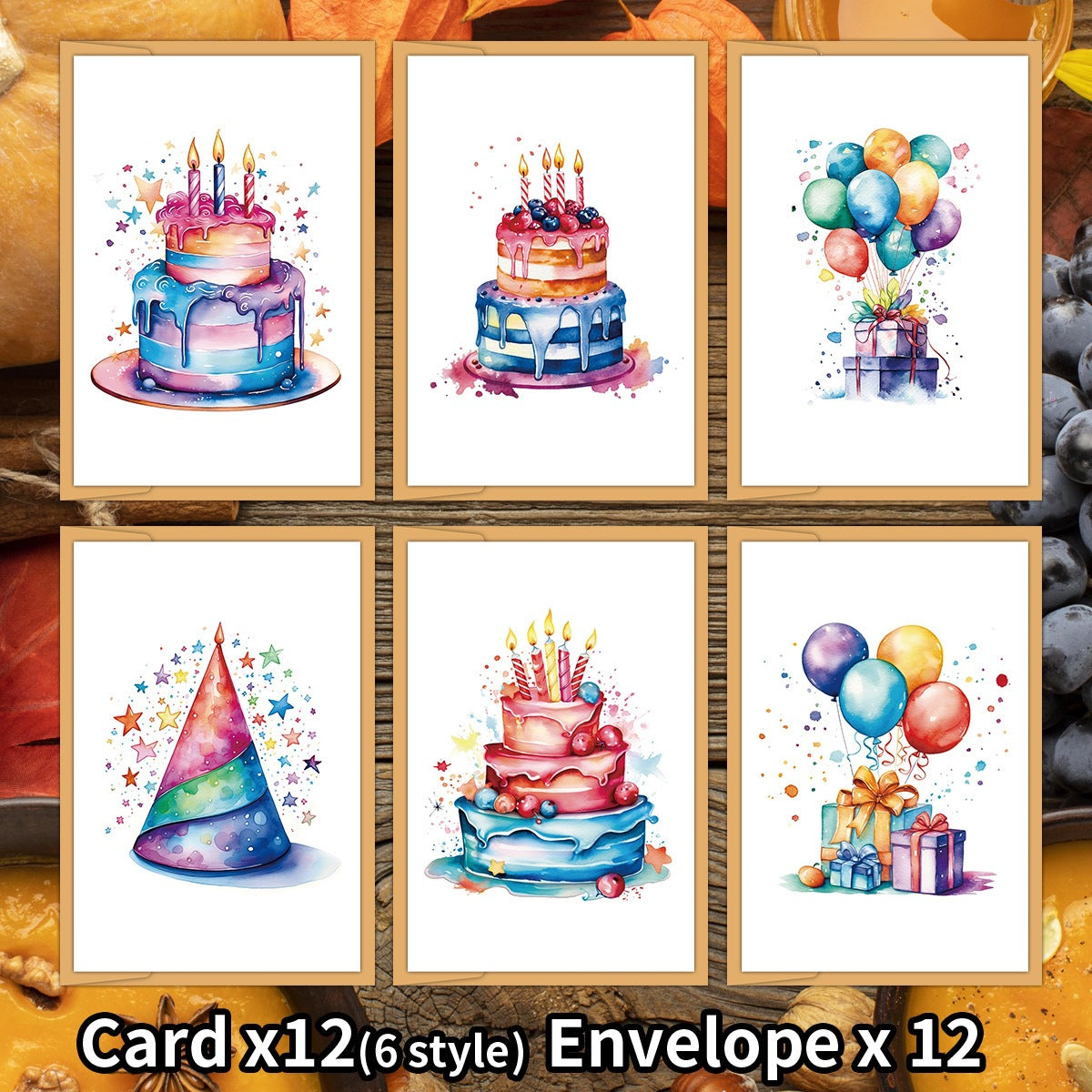 12-Pack Watercolor Birthday Cake Greeting Cards with Envelopes, Blank Thank You Notes & Invitations