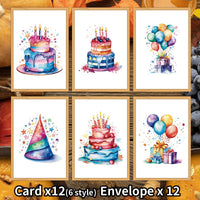 12-Pack Watercolor Birthday Cake Greeting Cards with Envelopes, Blank Thank You Notes & Invitations
