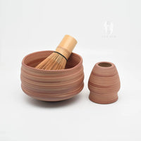Japanese Zen Style Ceramic Matcha Bowl with Wood Grain Texture