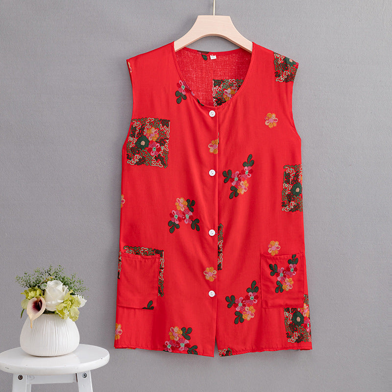 Women's Sleeveless Cotton Cardigan Vest for Middle-Aged and Elderly, Button-Front