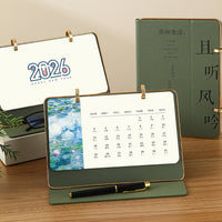 2026 Chinese Style Desk Calendar with Tri-Fold Leather Cover, Monthly Planner & Ornament, Customizable Logo