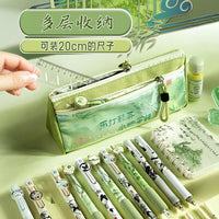 Chinese Style Large Capacity Canvas Pencil Case for Students, Double Layer Stationery Organizer