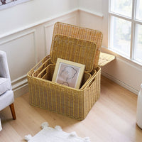 Hand-Woven Rattan Storage Basket with Lid, Rectangular Desktop Organizer for Home