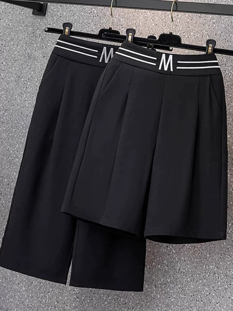 Women's High-Waisted Straight-Leg Capri Pants, Loose Fit, Slimming, Casual, Sporty, Stretchy, Wide-Leg Shorts