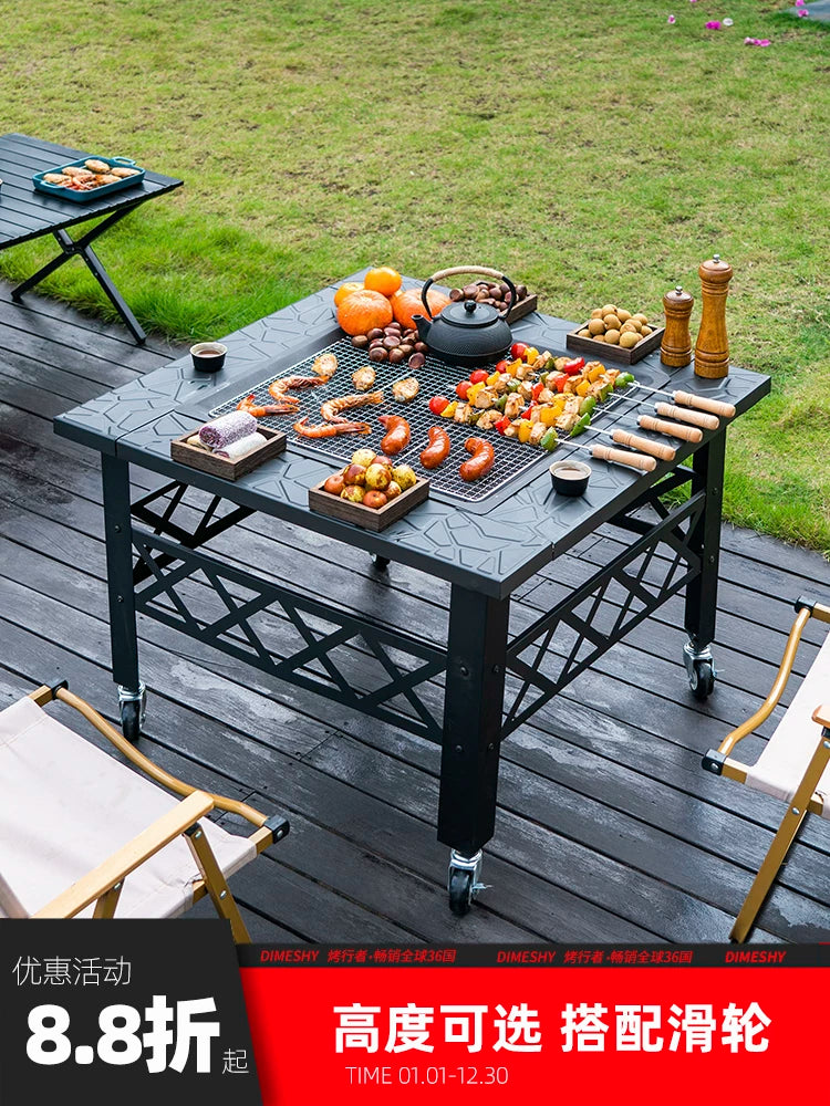 Outdoor Charcoal Grill Fire Pit Set with Lid and Wheels for BBQ and Tea Ceremony