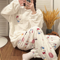 Women's Cartoon Flannel Pajama Set, Thickened Coral Fleece Winter Homewear