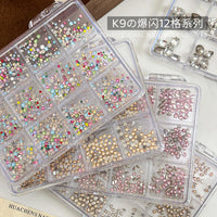 12-Grid Zircon Nail Art Rhinestones Mixed Set K9 Shaped Flatback Round DIY Nail Decoration