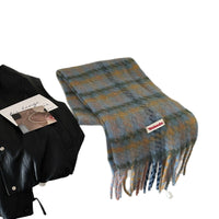 Lazy Weekend Plaid Mohair Scarf for Women, Thickened Warm Winter Shawl