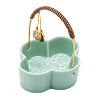Chinese Ceramic Divided Snack Plate with Wooden Handle and Serving Bowls