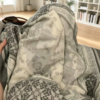 Oversized Vintage Style Sun Protection Shawl Scarf for Women, Gray Geometric Pattern Long Silk Scarf