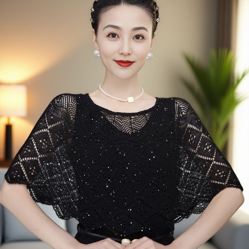 Sequined Knit Poncho Shawl with Brooch for Women, Sun Protection Air Conditioning Cover Up, Thin Summer Style