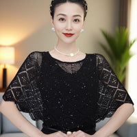 Sequined Knit Poncho Shawl with Brooch for Women, Sun Protection Air Conditioning Cover Up, Thin Summer Style