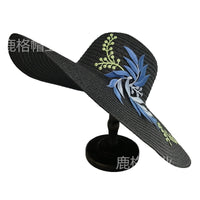 2026 New Chinese Style Embroidered Wide Brim Straw Hat for Women, Sun Protection Beach Hat