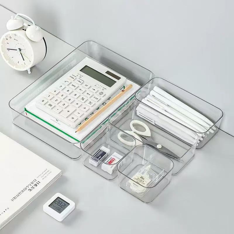 Drawer Organizer Tray Set for Desk and Cabinet, Clear Plastic Storage Box for Stationery and Small Items