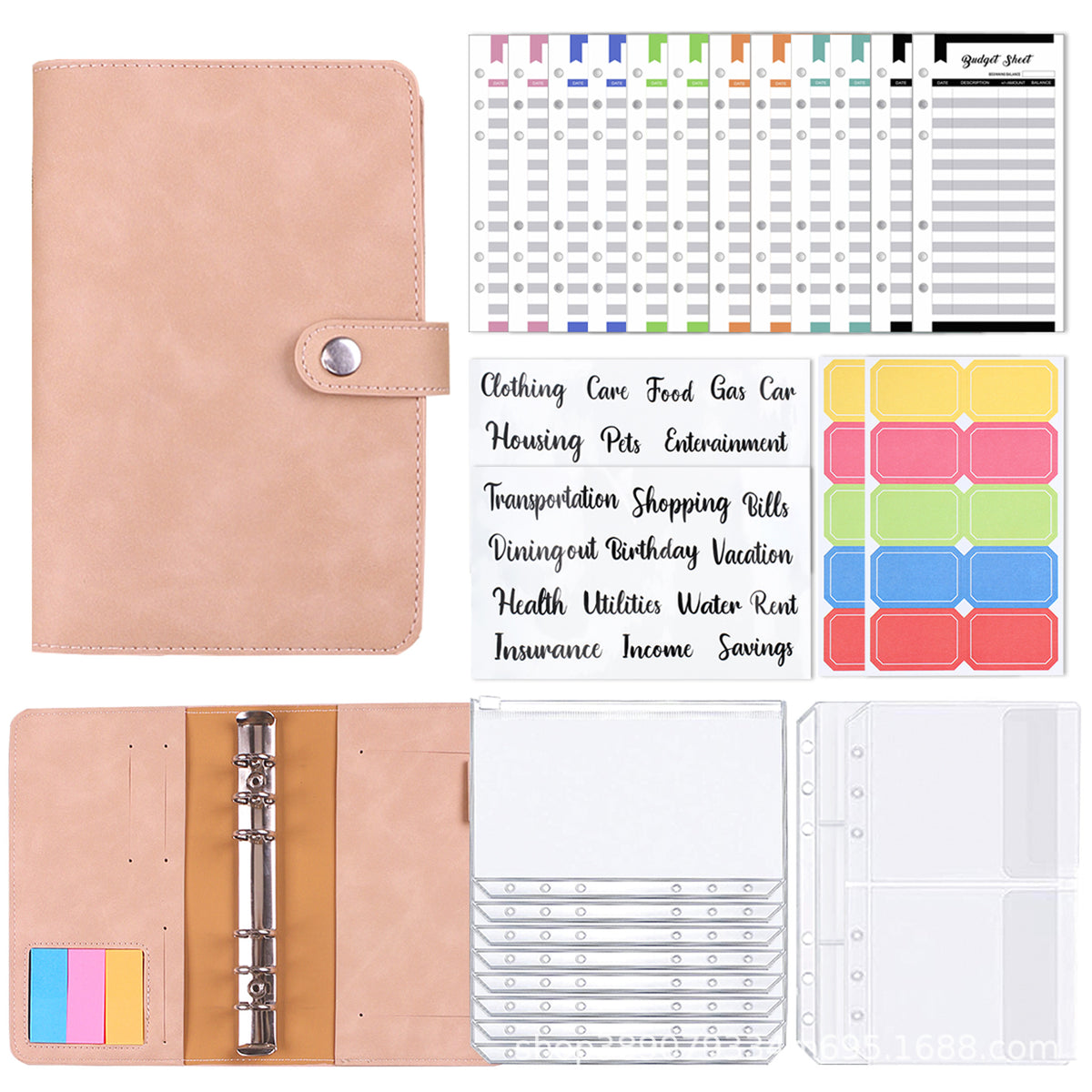 A6 PU Leather 27-Piece Budget Binder Set with Zipper Envelopes and Lined Paper