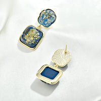 French Vintage Square Resin Earrings with Dried Flowers and Amber Effect, S925 Silver Needle