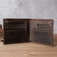 Handmade Crazy Horse Leather Bifold Wallet for Men, Genuine Cowhide Multi-Card Holder with Large Capacity