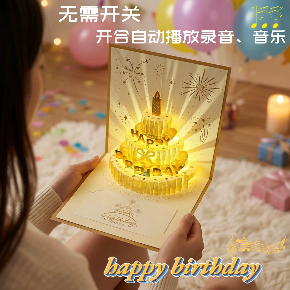Birthday Music Light Recording Cake Greeting Card with Gold Foil Envelope