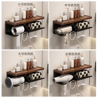 Walnut Wall-Mounted Hair Dryer Holder with Storage Shelf and Tissue Dispenser for Bathroom