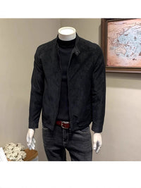Men's Suede Leather Jacket Stand Collar Casual Slim Fit Motorcycle Coat