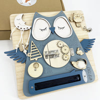 Montessori Wooden Busy Board for Kids - Animal Owl & Orange Cat Cognitive Matching Puzzle Toy