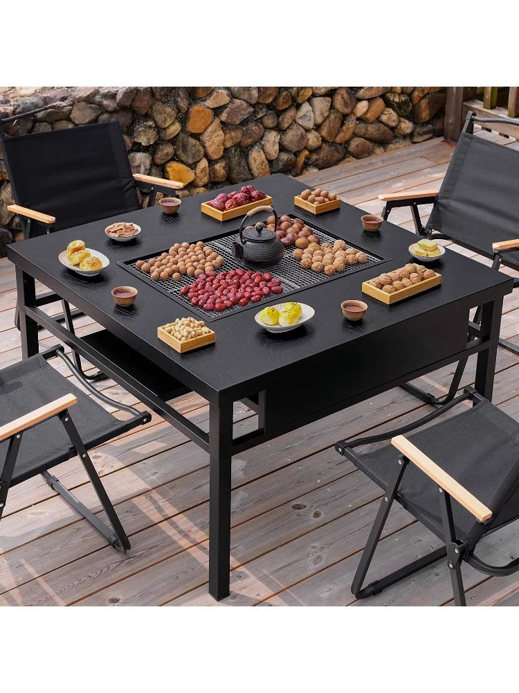 Outdoor Patio Fire Pit BBQ Grill Table Set for Heating and Tea Ceremony