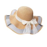 Women's Ruffled Wide Brim Sun Hat with Pearl Ribbon for Beach Vacation