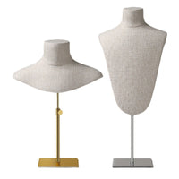 Premium Bamboo Linen Jewelry Display Stand with Antique Wood Base for Necklaces and Scarves