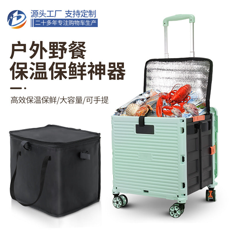 Portable Folding Camping Cart with Cooler Bag - Insulated Shopping Trolley and Storage Box
