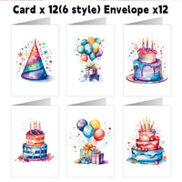12-Pack Watercolor Birthday Cake Greeting Cards with Envelopes, Blank Thank You Notes & Invitations