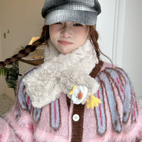 Cute Cartoon Chick Plush Cross Scarf for Women, Japanese Style Warm Winter Neck Warmer