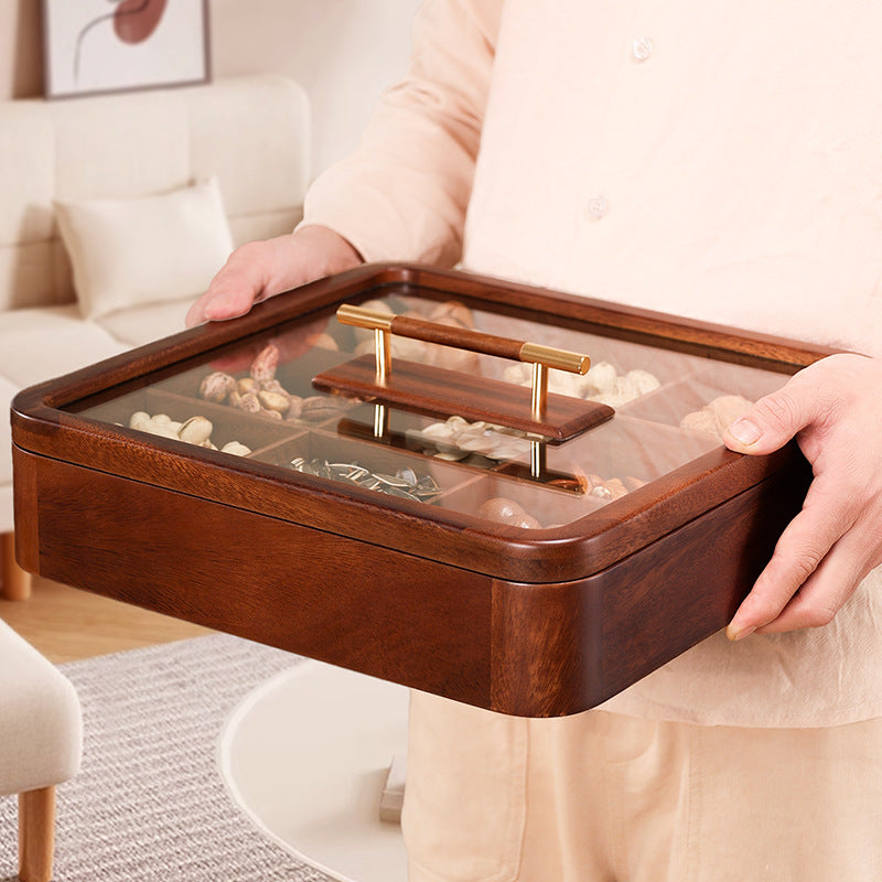 Walnut Wood 9-Compartment Snack and Candy Box with Lid, New Chinese Style Dried Fruit and Nut Organizer