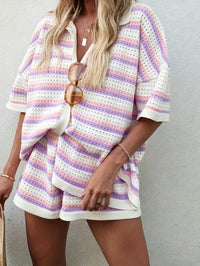 Women's Knitted Color Block Lapel Striped Short Sleeve Top and Shorts Set