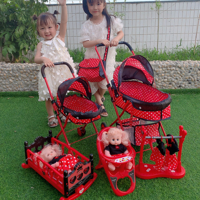 Kids Large Doll Stroller Toy Girls Pretend Play Foldable Shopping Cart with Doll Simulation Iron Rod Baby Trolley