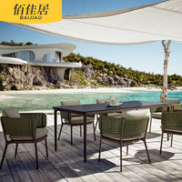 Outdoor Wicker Patio Dining Set with Aluminum Frame and Rock Slab Tabletop, Weather-Resistant Garden Furniture