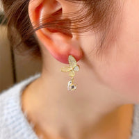 Vintage Zircon Butterfly Shell Dangle Earrings