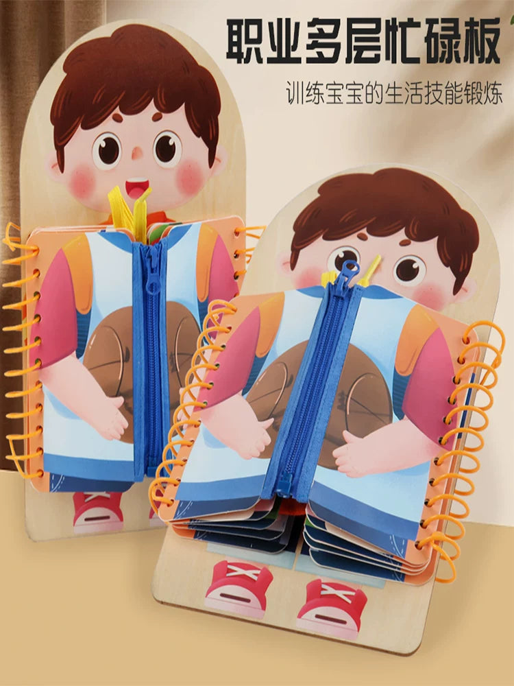 Montessori Busy Board for Early Education, Dressing Training Toy with Buttons and Zippers