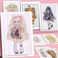 Perler Bead Pattern Stickers for Girls, Cute Cartoon Pixel Art Designs, 18 Sheets