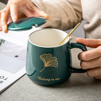 Large Capacity Ceramic Mug with Lid and Spoon, Ginkgo Leaf Design Coffee Cup for Home and Couples
