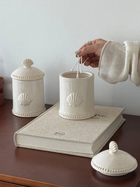 SilentWind Vintage Shell Ceramic Jar with Lid for Cotton Swabs, Toothpicks, Matches