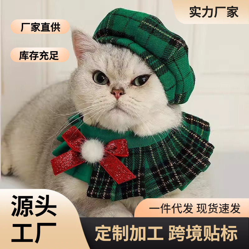 Pet Beret Hat, Collar, and Bib Set for Cats and Dogs - Christmas Edition