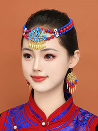 Mongolian Dance Headdress and Earrings Set for Stage Performance and Ethnic Attire