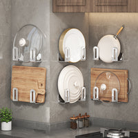 No-Drill Wall-Mounted Stainless Steel Pot Lid & Cutting Board Holder for Kitchen Organization