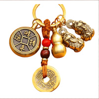 Brass Rotating Fortune Keychain with Pixiu and Gourd Charms