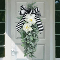 Peony Bunny Ear Wreath Farmhouse Black White Stripe Bow Faux Flower Door Hanger
