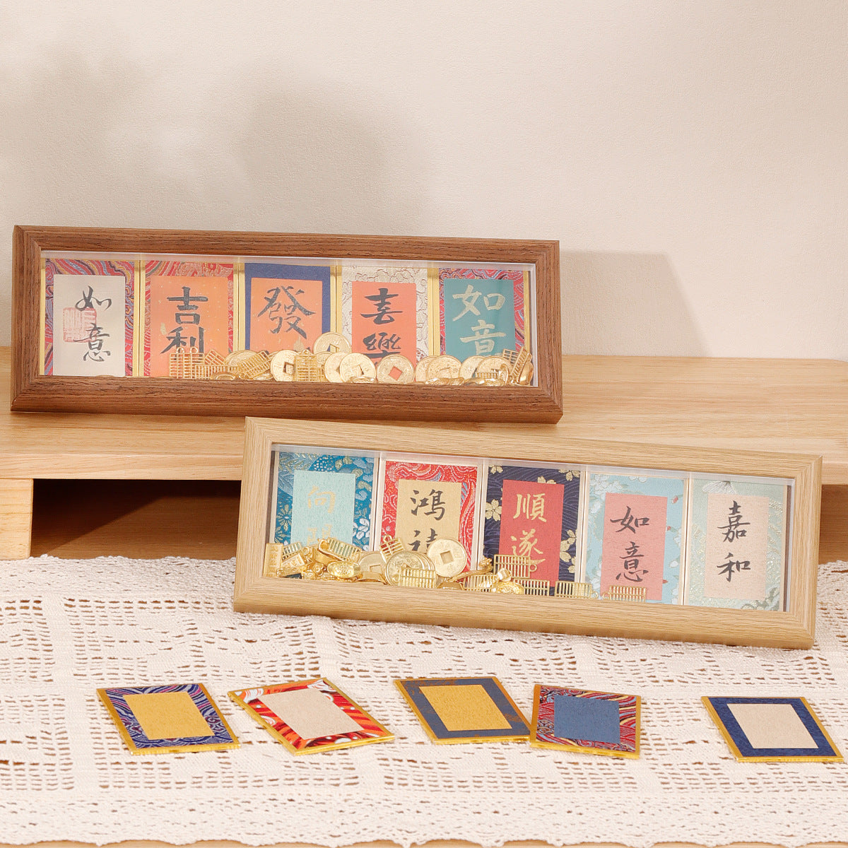 Mini Song Brocade Hard Card Calligraphy Photo Frame with Xuan Paper for Desktop Decor