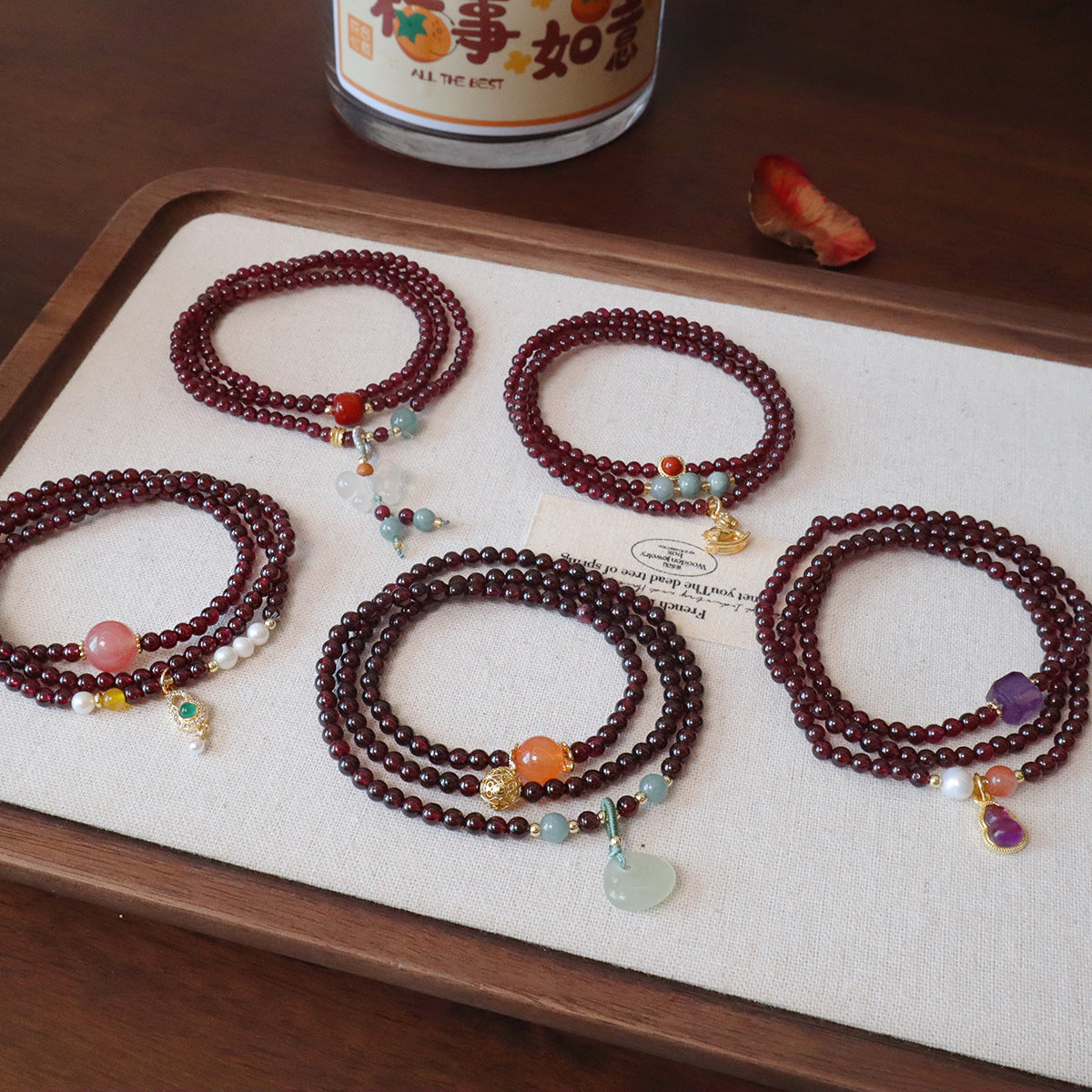 Natural Garnet and Hetian Jade Bracelet with Gourd Pendant for Women