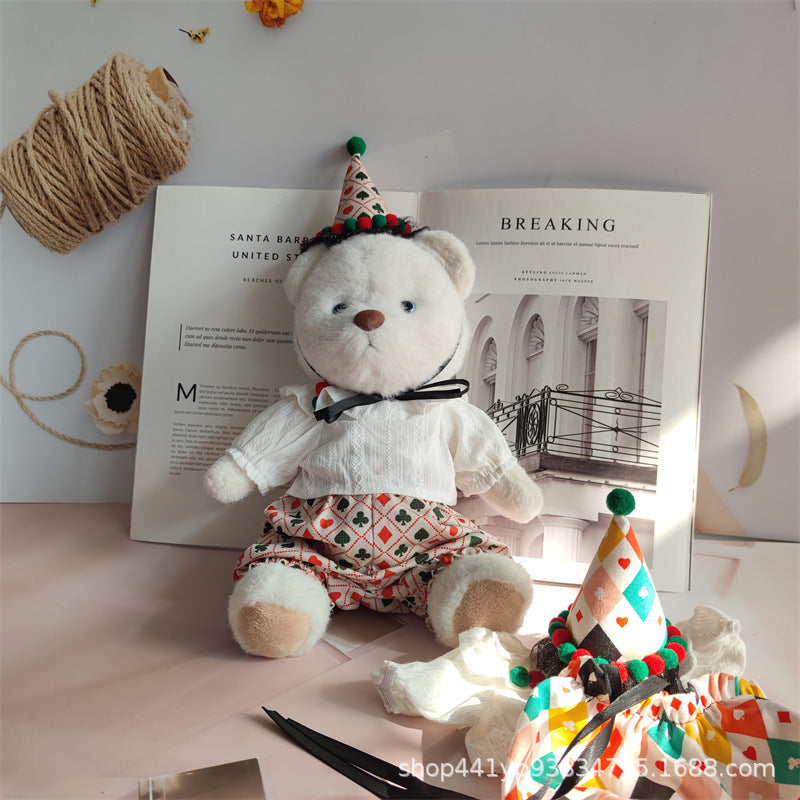30cm LinaBear Clown Outfit Set - White Shirt & Plaid Pants for Medium Teddy Bear Doll Clothes