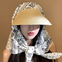 Women's Floral Straw Sun Hat with Neck Flap - Wide Brim UV Protection Outdoor Scarf Hat