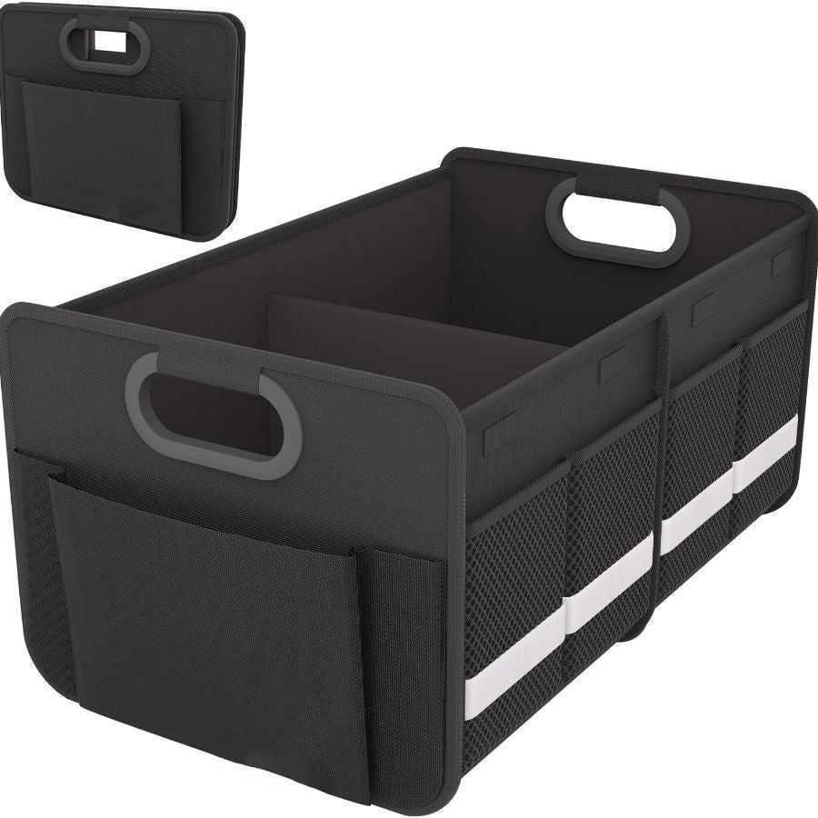 Foldable Car Trunk Organizer with Reflective Strip, Large Capacity Multi-Compartment Storage with Reinforced Handles